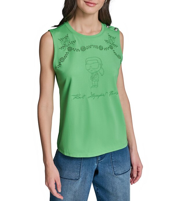 長い巻き毛 ラガーフェルド レディース トップス プルオーバー ノースリーブ 編み物 KARLAGERFELD PARIS Knit Round Neck Sleeveless Tank Garden Green 緑であること