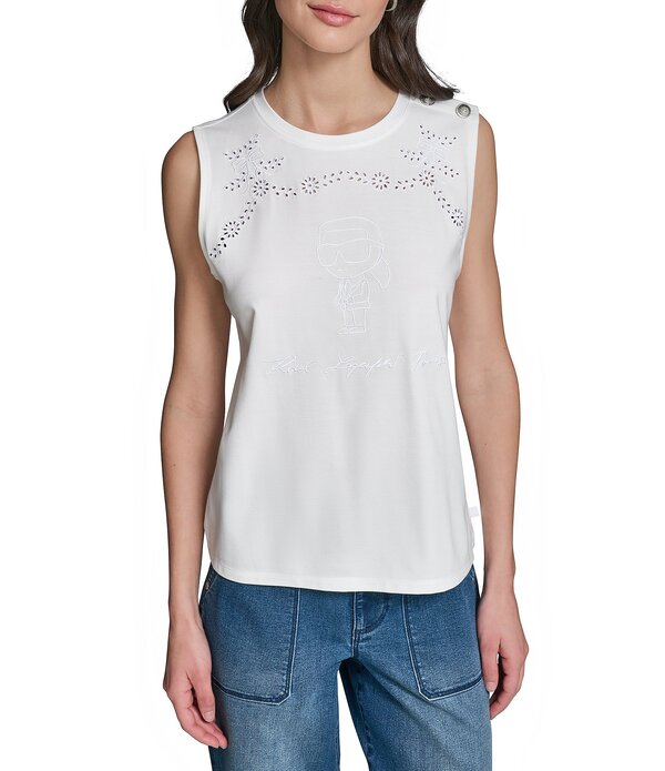 長い巻き毛 ラガーフェルド レディース トップス プルオーバー ノースリーブ 編み物 KARLAGERFELD PARIS Knit Round Neck Sleeveless Tank Soft White 白いこと