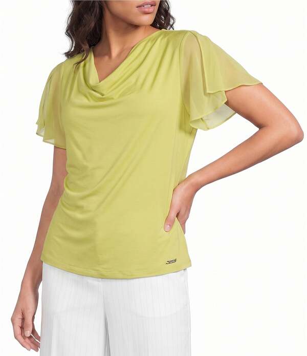 カルバンクライン レディース トップス プルオーバー シフォン Calvin Klein Chiffon Cowl Neck Short Sleeve Topear