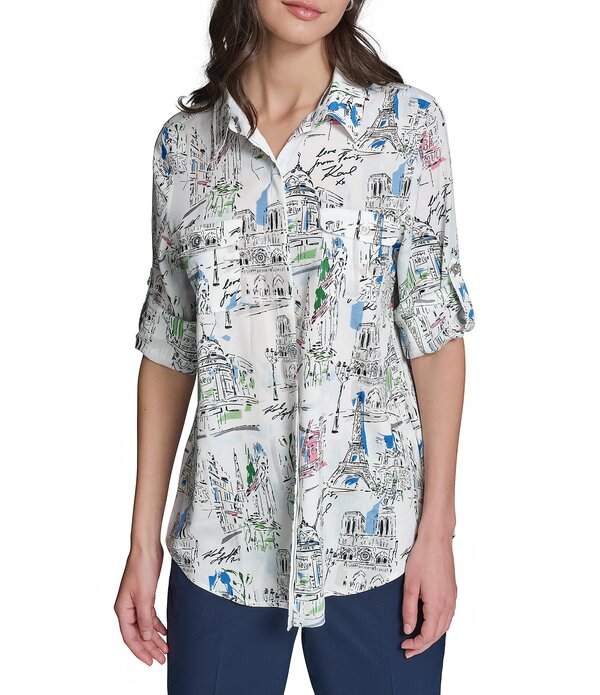 長い巻き毛 ラガーフェルド レディース トップス プルオーバー 刷り上げる KARLAGERFELD PARIS Woven Printed Point Collar Long Sleeve Shirt Soft White Multi 白いこと