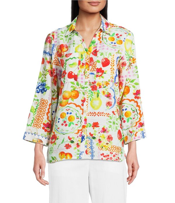 蟻 マイルス レディース トップス プルオーバー 刷り上げる Ali Miles Allover Multi Fruit Print Point Collar 3/4 Roll-Tab Sleeve Button-Front Shirt Multi マルチ色つや