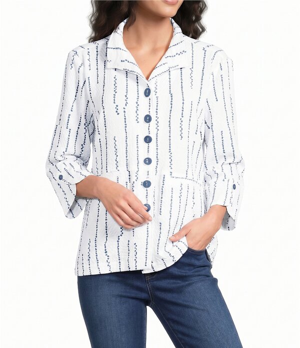 蟻 マイルス レディース トップス プルオーバー Ali Miles Woven Dotted Stripe Wire Collar 3/4 Sleeve Button-Front Shirt White Blue 白いこと