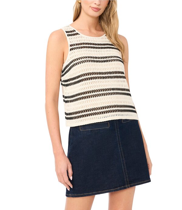 ヴィンスカムート レディース トップス プルオーバー 労働者の一団のど首 ノースリーブ 編み物 Vince Camuto Striped Crochet Knit Crew Neck Sleeveless Top Birch 縞模様