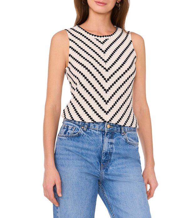 ヴィンスカムート レディース トップス プルオーバー 労働者の一団のど首 ノースリーブ 編み物 Vince Camuto Knit Striped Crew Neck Sleeveless Top New Ivory 象牙色