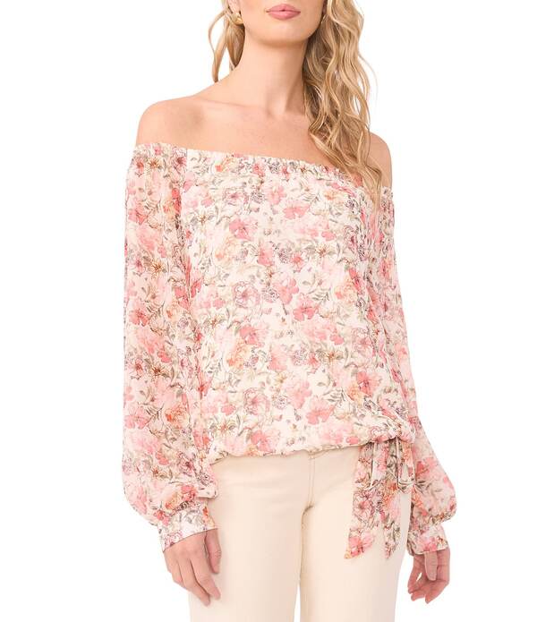ヴィンスカムート レディース トップス プルオーバー 御花柄 刷り上げる トップ 御花 Vince Camuto Floral Print Off-The-Shoulder Long Sleeve Blouse New Ivory 象牙色