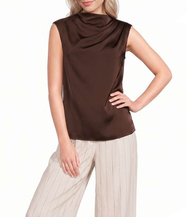 ダナキャラン レディース トップス プルオーバー モックネック 筋目 ギャザー ノースリーブ Donna Karan Charmeuse Ruched Mock Neck Pleated Shoulder Sleeveless Top Canyon