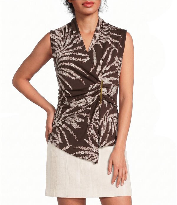 ダナキャラン レディース トップス プルオーバー ノースリーブ Donna Karan Sleeveless Novelty Bar Faux Wrap Top Canyon Multi マルチ色つや