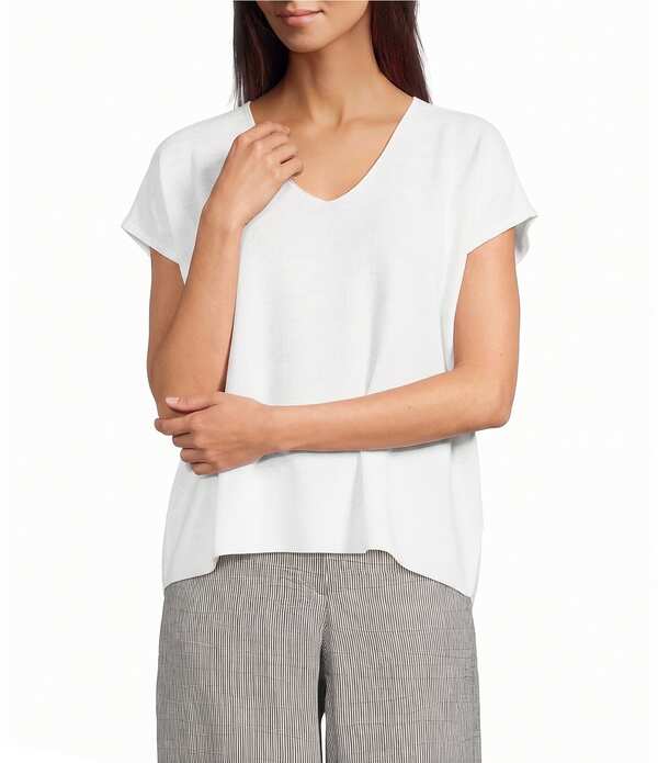 エイリーンフィッシャー レディース トップス Tシャツ Vネック ニット Eileen Fisher Oragnic Knit V-Neck Short Sleeve Tee White ホワイト|ReVida 店