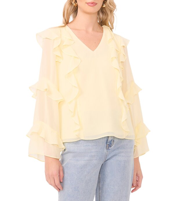 ワンステート レディース トップス シャツ Vネック フリル 1. STATE V-Neck Long Sleeve Ruffle Topastel Yellow イエロー|ReVida 店