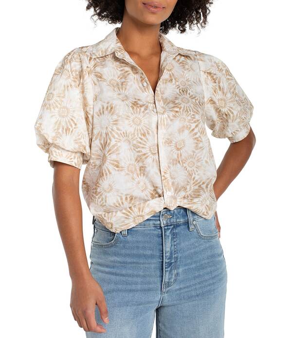 リヴァプール 天使の都市 レディース トップス プルオーバー 刷り上げる Liverpoolos Angeles Woven Poplin Print Point Collar Short Sleeve Top Tan White Floral 白いこと