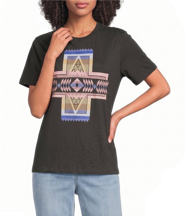 ペンドルトン レディース トップス ティーシャツ 労働者の一団のど首 編み物 グラフィック Pendleton Knit Crew Neck Short Sleeve Heritage Graphic Tee Shirt Vintage Black 黒いこと