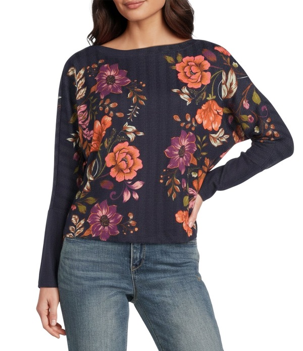 平民主義 レディース トップス ティーシャツ 御花柄 編み物 御花 Democracy Knit Floral Boat Neck Long Batwing Sleeve Top Navy Multi 米国海軍