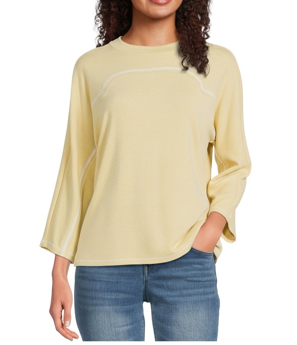 平民主義 レディース トップス ティーシャツ 労働者の一団のど首 刺しゅう 編み物 Democracy Knit Embroidered-Stitched Trimmed Crew Neck 3/4 Dolman Sleeve Top Heather Honey Butter ギョリュウモドキ