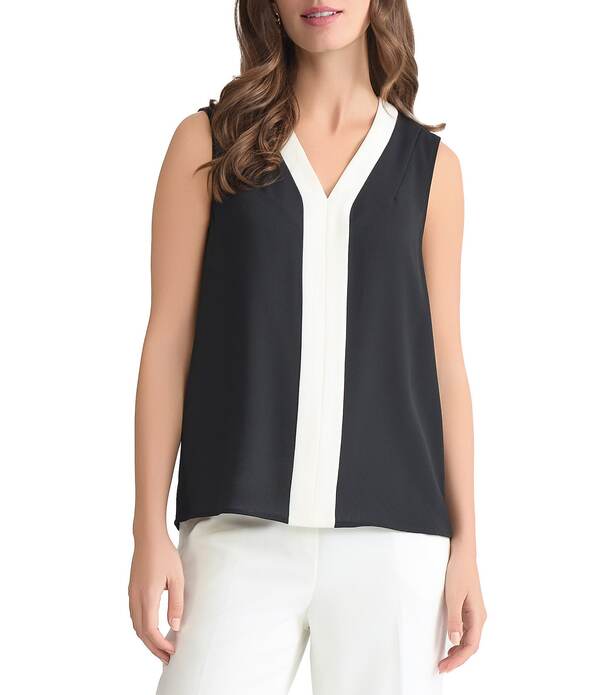 カスパール レディース トップス シャツ Vネックレープ ノースリーブラウス Kasper Crepe V-Neck Sleeveless Blouse Black/Vanilla Ice ブラック｜ReVida 店