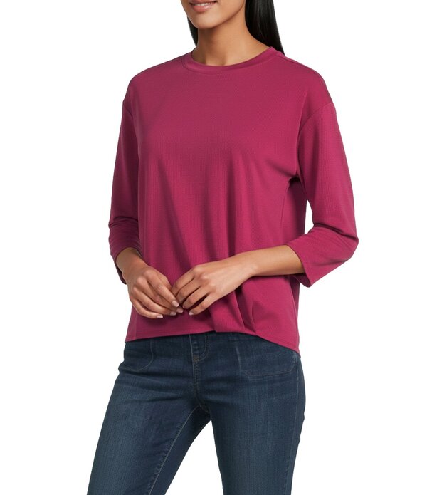 酉の方角刎ね上がる レディース トップス ティーシャツ 労働者の一団のど首 筋目 Westbound Crew neck 3/4 Sleeve Pleated Side Tuck Hem Top Beaujolais