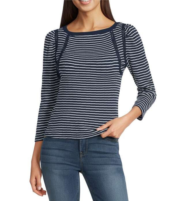 平民主義 レディース トップス ティーシャツ Democracy Boat Neck 3/4 Sleeve Stripe Crochet Fagoting Detail Top Navy/Off White 象牙色