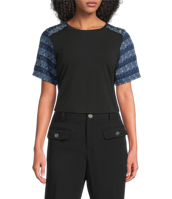 長い巻き毛 ラガーフェルド レディース トップス ティーシャツ KARLAGERFELD PARIS Mixed Media Round Neck Short Sleeve Top Black 黒いこと