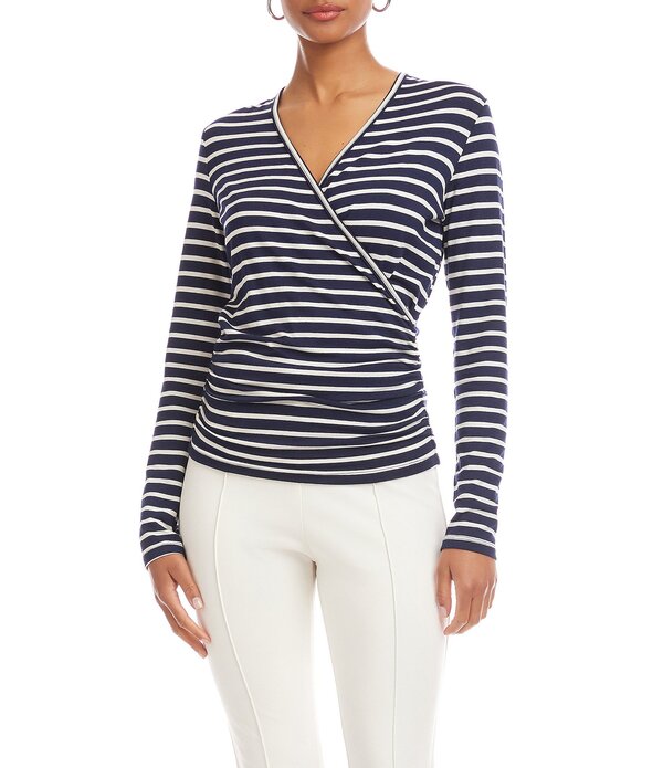 カレンケーン レディース トップス Tシャツ Vネック ニット Karen Kane Knit Strip Crossover V-Neck Long Sleeve Side-Shirred Top Stripe ストライプ｜ReVida 店
