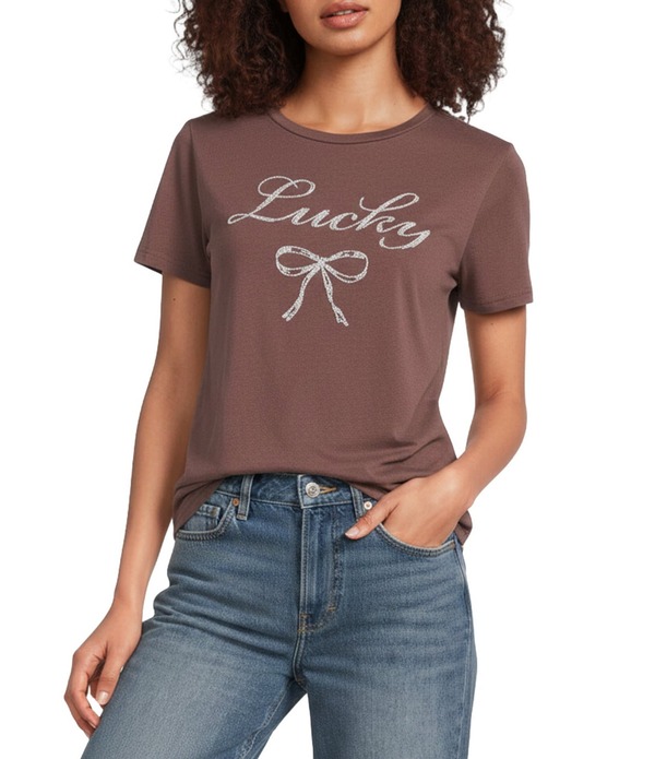 ラッキーブランド レディース トップス ティーシャツ 労働者の一団のど首 編み物 Lucky Brand Knit Crew Neck Short Sleeve Beaded Bow Tee Bitter Chocolate 黒茶