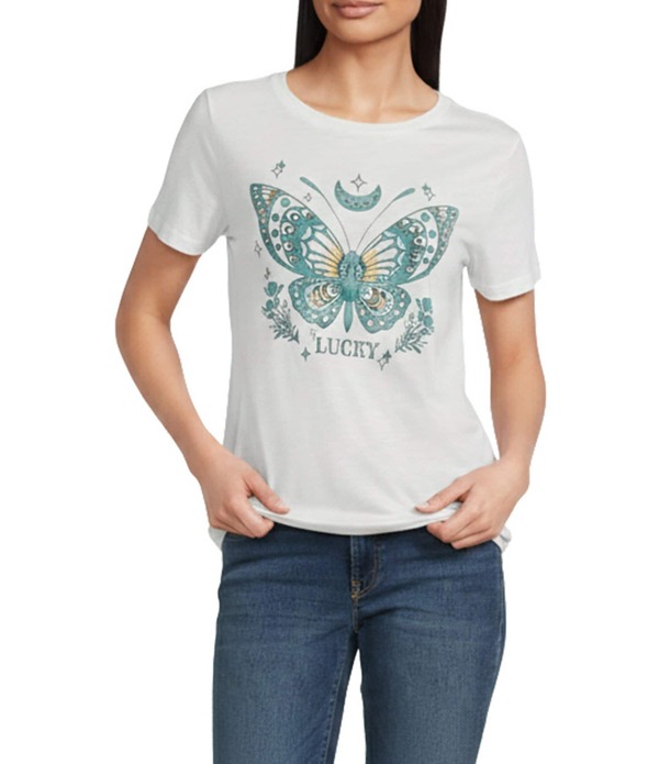 ラッキーブランド レディース トップス ティーシャツ 労働者の一団のど首 編み物 Lucky Brand Knit Butterfly Heart Crew Neck Short Sleeve Tee Gardenia
