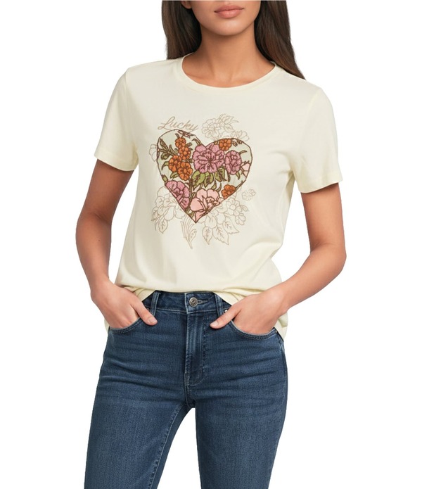 ラッキーブランド レディース トップス ティーシャツ 労働者の一団のど首 刷り上げる 編み物 Lucky Brand Knit Crew Neck Short Sleeve Heart Printee Butter Cream 皮膚軟化剤