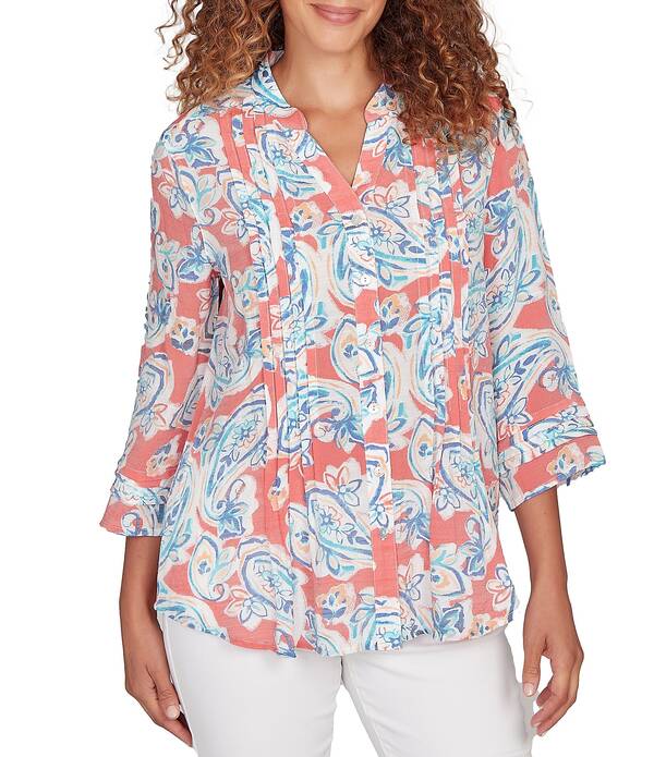 ルビーアールディー レディース トップス プルオーバー Vのど首 地絹 Ruby Rd. Silky Gauze Paisley Split V-Neck 3/4 Sleeve Button Frontop Deep Coral Multi コーラル