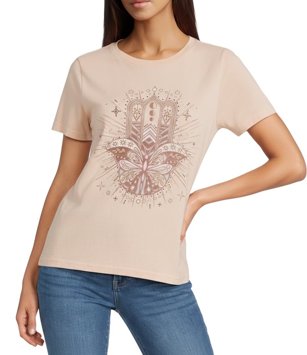 ラッキーブランド レディース トップス Tシャツ クルーネック ニット Lucky Brand Knit Butterfly Hamsa Design Crew Neck Short Sleeve Teevening Sage セージ｜ReVida 店