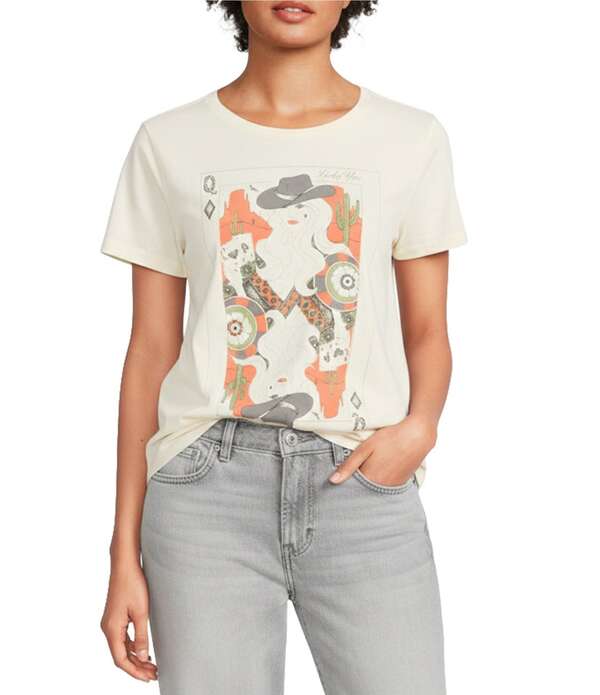 ラッキーブランド レディース トップス ティーシャツ 労働者の一団のど首 刷り上げる 編み物 Lucky Brand Knit Cowgirl Card Print Crew Neck Short Sleeve Tee Whitecap Gray 薄墨色
