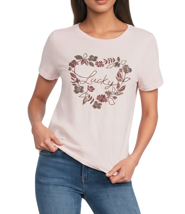 ラッキーブランド レディース トップス Tシャツ クルーネック フラワー柄 ニット フラワー グラフィック Lucky Brand Knit Floral Heart Graphicrew Neck Short Sleeve Tee Mauve Chalk チョーク｜ReVida 店