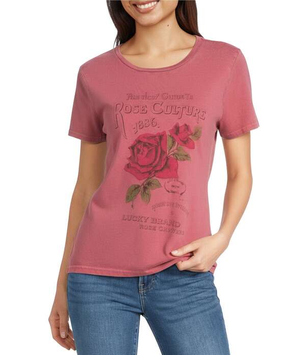 ラッキーブランド レディース トップス ティーシャツ 労働者の一団のど首 刷り上げる 編み物 Lucky Brand Knit Rose Culture Print Crew Neck Short Sleeve Tee Rose Wine ブドウ酒