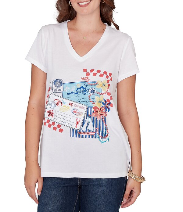 ルビーアールディー レディース トップス Tシャツ Vネック プリント スパンコール コットン ニット ジャージー Ruby Rd. Cotton Jersey Knit Sequin Beaded Postcard Print V-Neck Short Sleeve Tee Deep Coral Multi コーラル|ReVida 店