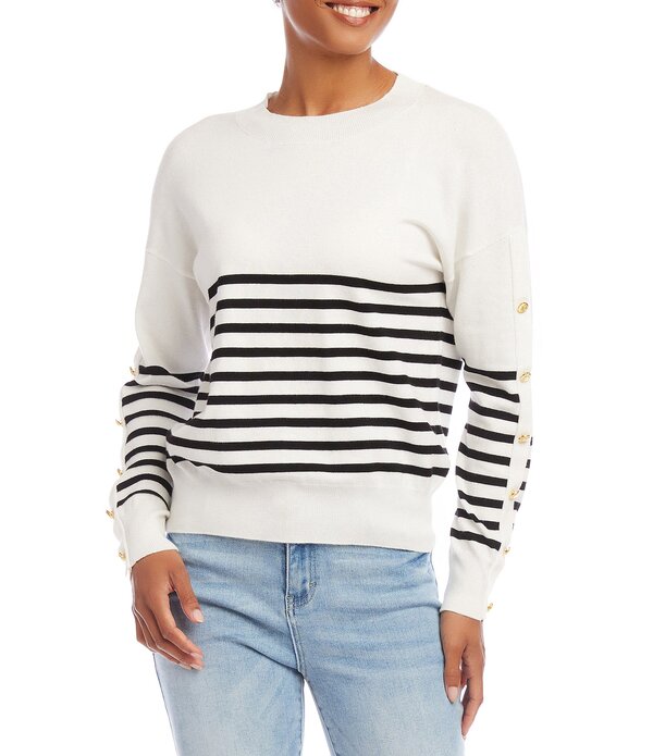 カレンケーン レディース トップス ティーシャツ 労働者の一団のど首 編み物 Karen Kane Knit Striped Crew Neck Long Sleeve Gold Button Detail Top Stripe 縞模様