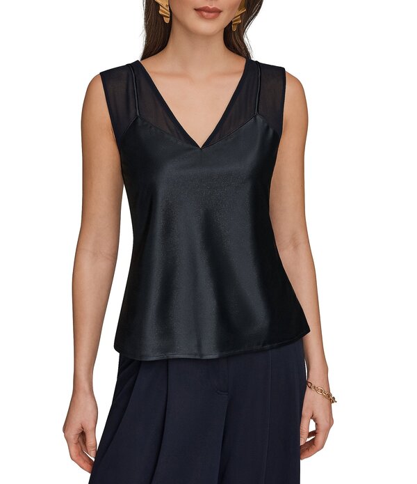 ダナキャラン レディース トップス プルオーバー Vのど首 繻子 ノースリーブ 編み物 Donna Karan Satin Knit V-Neck Sleeveless Top Nightfall