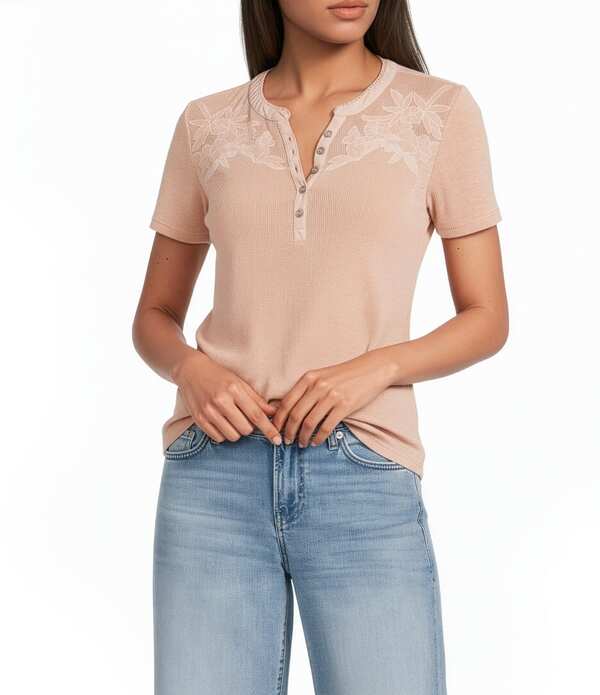 ラッキーブランド レディース トップス Tシャツ ニット Lucky Brand Knit Notch Neck Short Sleeve Top Sepia Rose｜ReVida 店 11,610円