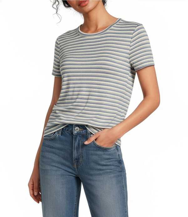 ラッキーブランド レディース トップス ティーシャツ 労働者の一団のど首 編み物 Lucky Brand Knit Striped Crew Neck Short Sleeve Tee Cream Stripe 皮膚軟化剤