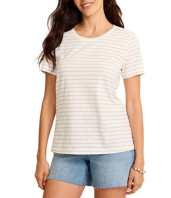 トッミーバハマ レディース トップス ティーシャツ 労働者の一団のど首 ティーシャツ Tommy Bahama Slub Jersey Salty Breeze Stripe Crew Neck Short Sleeve Tee White 白いこと