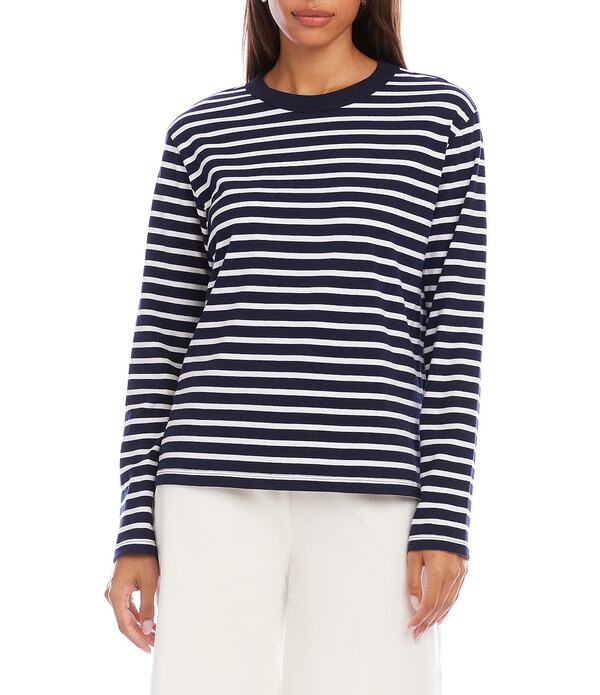 カレンケーン レディース トップス プルオーバー 労働者の一団のど首 編み物 プルオーバー Karen Kane Stripe Jersey Knit Crewneck Long Sleeve Top Navy/White 白いこと