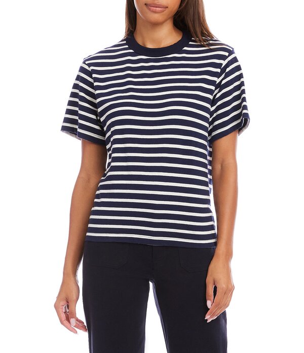 カレンケーン レディース トップス ティーシャツ 労働者の一団のど首 Karen Kane Stripe Crew Neck Short Sleeve Tee Navy/White 白いこと