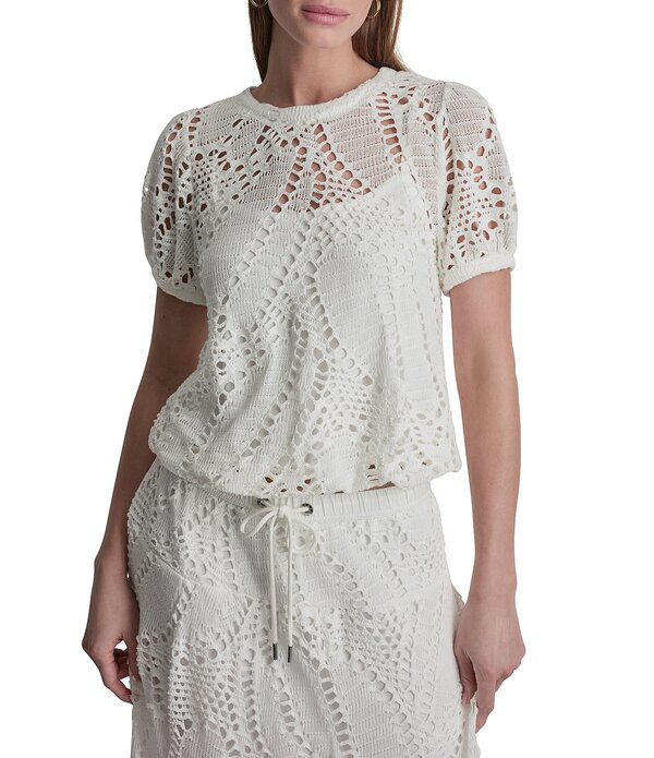 ダナキャラン レディース トップス ティーシャツ 労働者の一団のど首 DKNY by Donna Karan Coordinating Crochet Leaf Crew Neck Short Sleeve Top Ivory 象牙色
