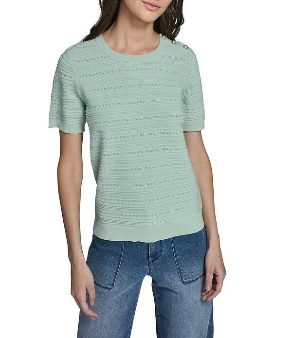 長い巻き毛 ラガーフェルド レディース トップス ティーシャツ 肋材 編み物 KARLAGERFELD PARIS Ribbed Knit Round Neck Short Sleeve Top Fresh Mint ペパーミント
