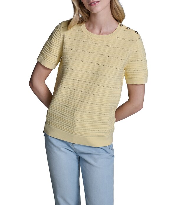 長い巻き毛 ラガーフェルド レディース トップス ティーシャツ 肋材 編み物 KARLAGERFELD PARIS Ribbed Knit Round Neck Short Sleeve Topannacotta
