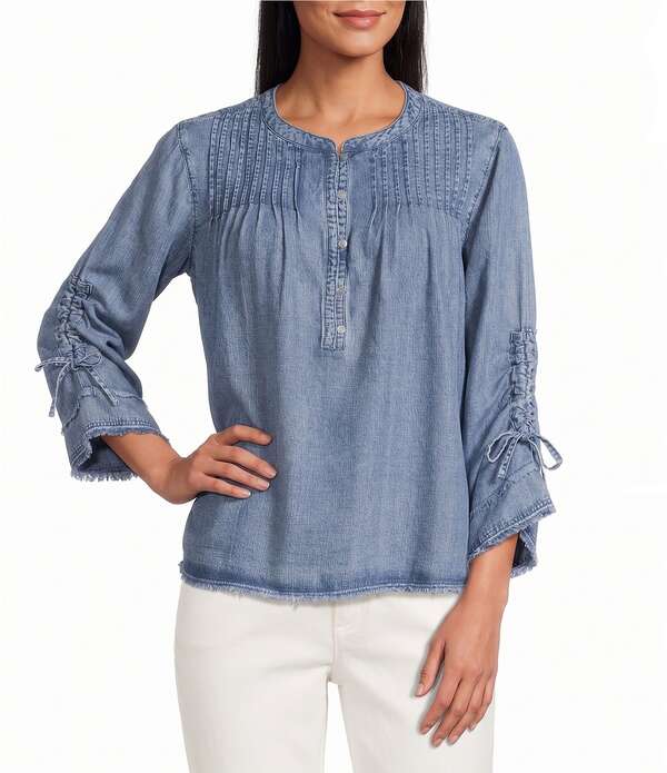 ジョン 目じるし レディース トップス カットソー ジーンズ John Mark Denim Round Neck 3/4 Cinched Sleeve Tunic Denim ジーンズ