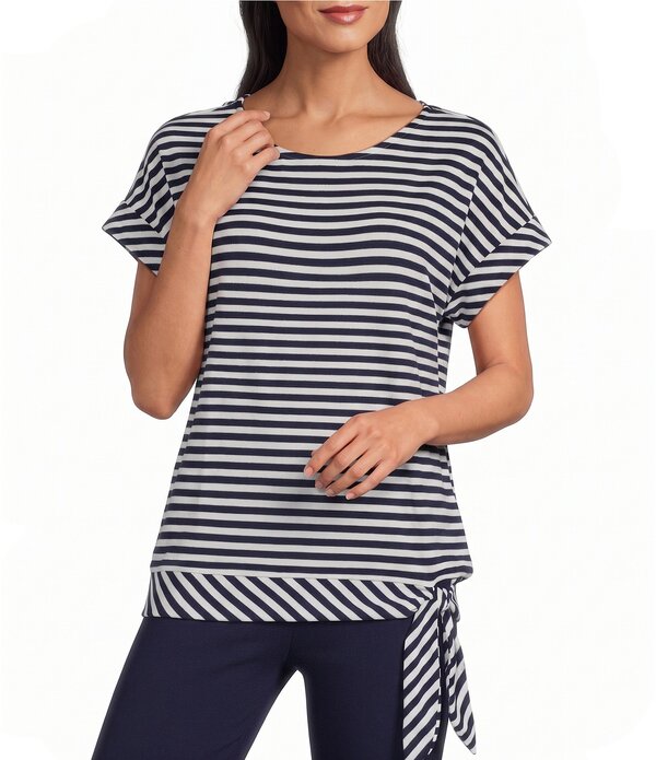 ジョーンズニューヨーク州 レディース トップス プルオーバー Jones New York Pique Stripe Boat Neck Short Dolman Sleeve Side Tie Tee Pacific Navy/Natural White 白いこと