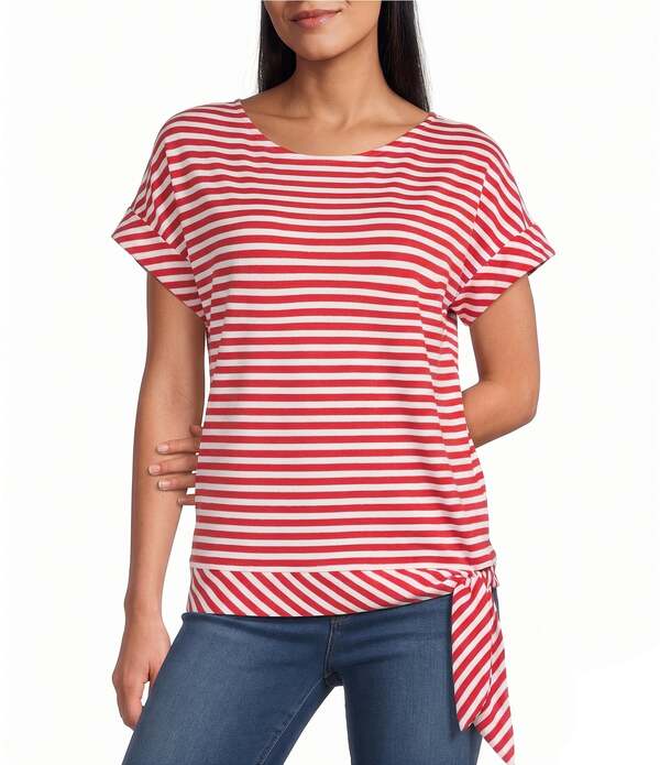 ジョーンズニューヨーク州 レディース トップス プルオーバー Jones New York Pique Stripe Boat Neck Short Dolman Sleeve Side Tie Tee Rouge/Natural White 白いこと