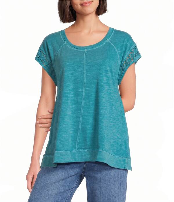 酉の方角刎ね上がる レディース トップス ティーシャツ 労働者の一団のど首 旗がしら Westbound Cap Sleeve Crew Neck Top Alexandrite