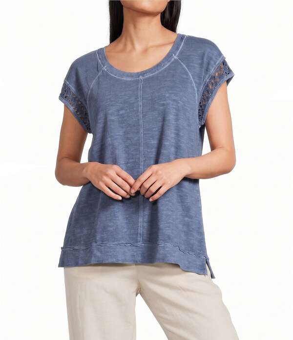 酉の方角刎ね上がる レディース トップス ティーシャツ 労働者の一団のど首 旗がしら Westbound Cap Sleeve Crew Neck Top Vintage Indigo インディゴ