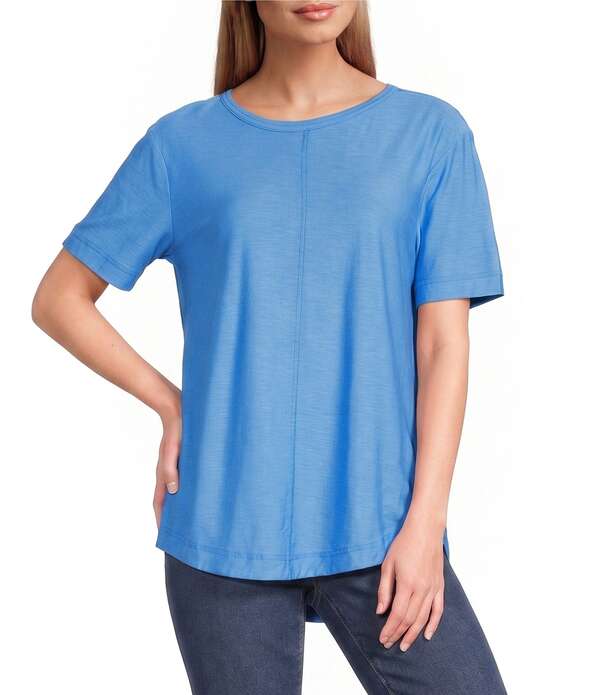 酉の方角跳ねかえる レディース トップス ティーシャツ 労働者の一団のど首 Westbound Short Sleeve Crew Neck Top Azure Blue 青碧