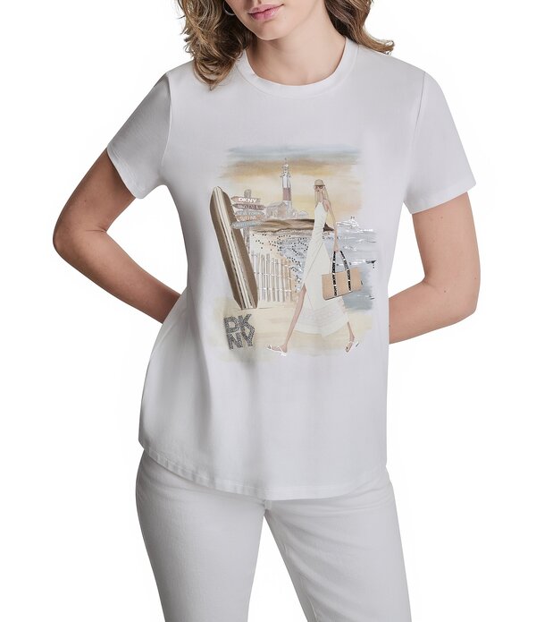 ダナキャラン レディース トップス プルオーバー 労働者の一団のど首 グラフィック DKNY by Donna Karan Montauk Graphicrew Neck Short Sleeve Tee White 白いこと