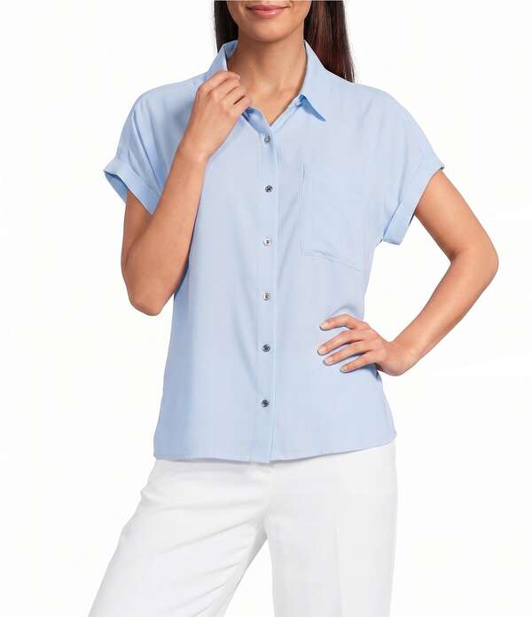 カルバンクライン レディース トップス プルオーバー ジョーゼット Calvin Klein Georgette Point Collar Short Sleeve Button Front Shirt Breeze