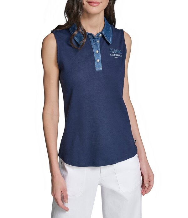長い巻き毛 ラガーフェルド レディース トップス プルオーバー ノースリーブ 編み物 プルオーバー KARLAGERFELD PARIS Jersey Knit Polo Collar Sleeveless Top Naval Academy